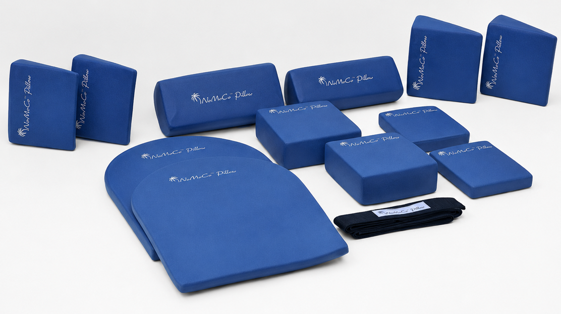 NoMoCo Pillow blue memory foam positioning kit with support pads and accessories.